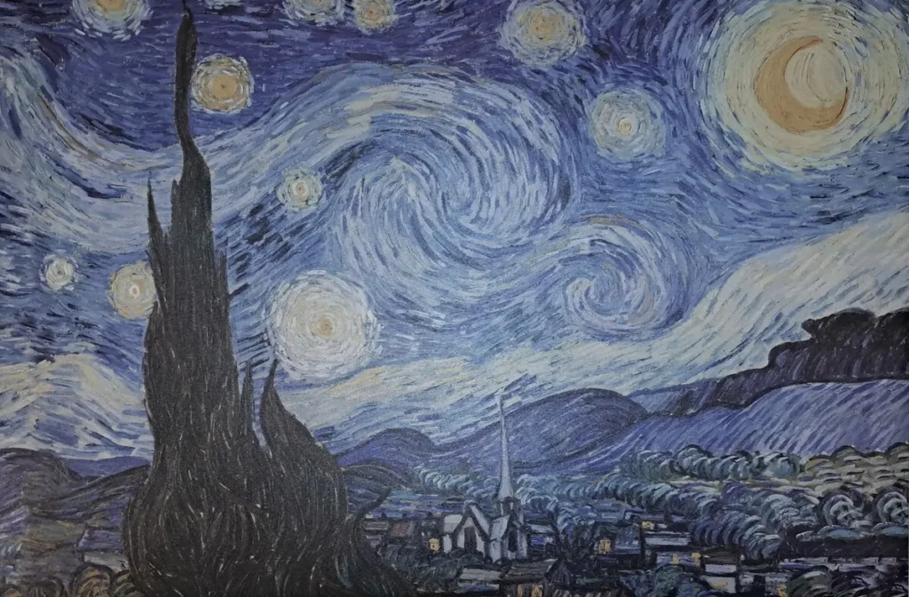 Vue artistique du ciel étoilé avec des cyprès, représentant un paysage nocturne éclairé par des étoiles.