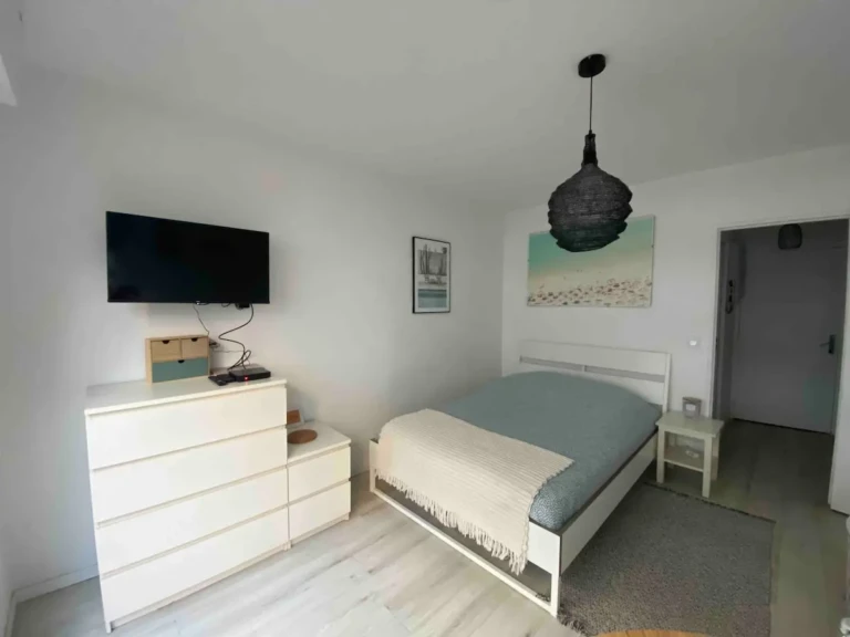 Alt:** Intérieur d'un studio lumineux à Marseille 7e avec télévision et décoration moderne.