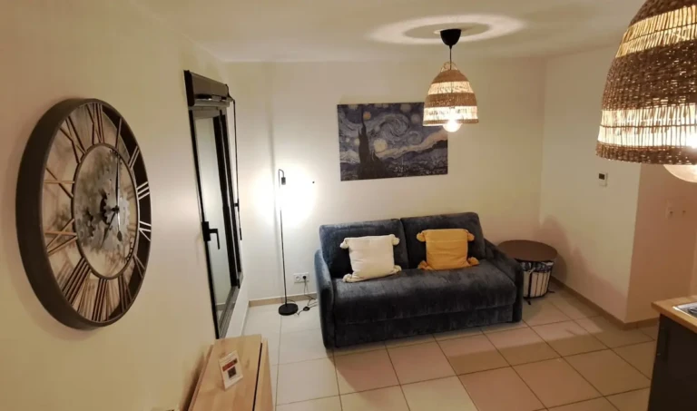 Espace de vie moderne de l'Atelier Rochecardon avec un canapé confortable et une décoration chaleureuse.