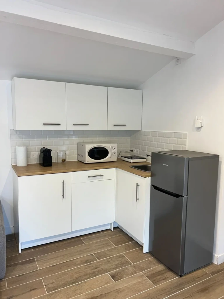 Cuisine moderne du studio indépendant à Marseille, équipée d'un réfrigérateur, d'un micro-ondes et d'une cafetière Nespresso.