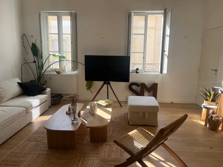 Salon lumineux d'un appartement T2 à Saint Michel avec canapé et télévision