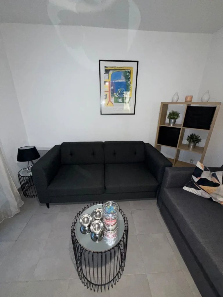 Salon lumineux d'un T2 moderne à Marseille avec canapé, table basse et décoration artistique