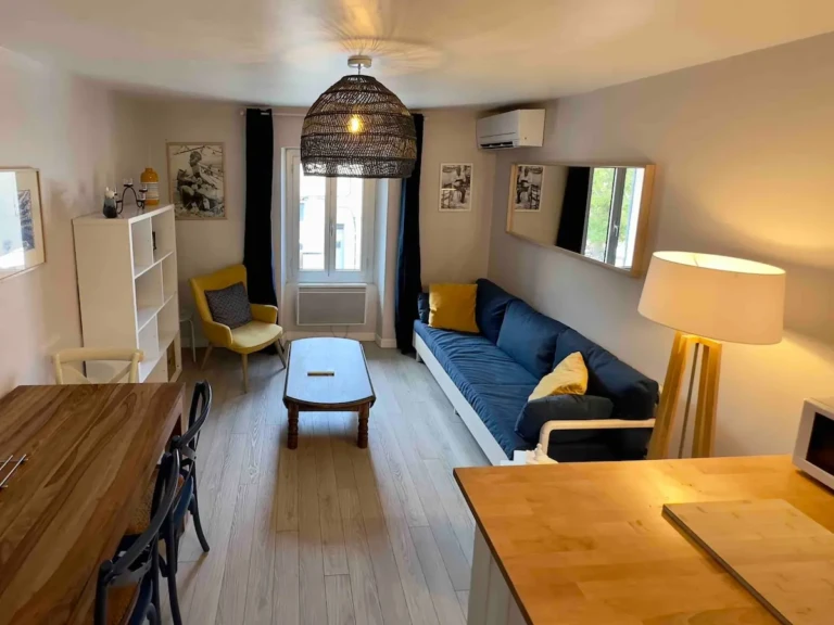 Intérieur d'un charmant T2 climatisé à Marseille, avec salon lumineux et décor moderne.