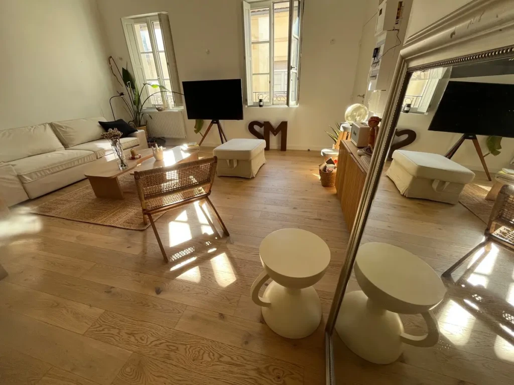 Salon lumineux d'un appartement T2 à Saint Michel, Bordeaux