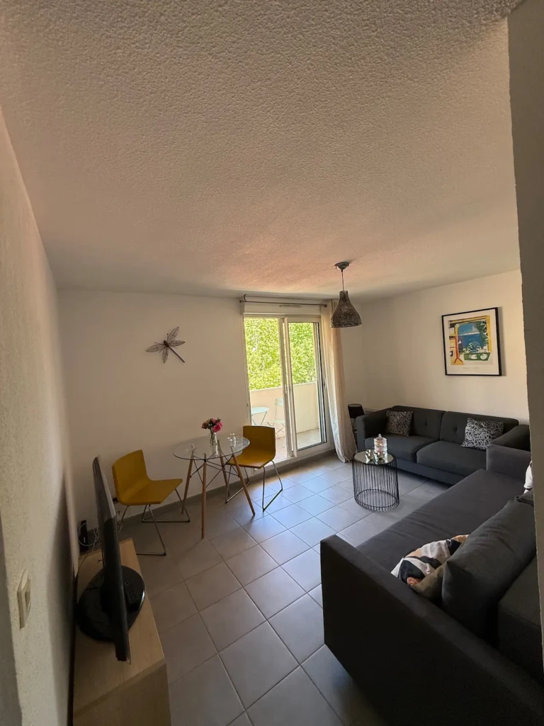 Séjour lumineux d'un appartement moderne à Marseille avec balcon