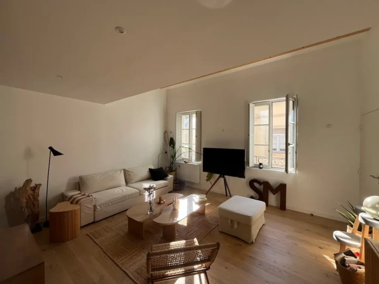 Salon lumineux d'un appartement T2 rénové à Saint Michel, Bordeaux