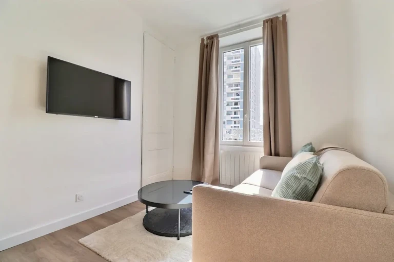 Intérieur lumineux du T2 de charme à Lyon, quartier Part-Dieu, avec canapé et télévision.