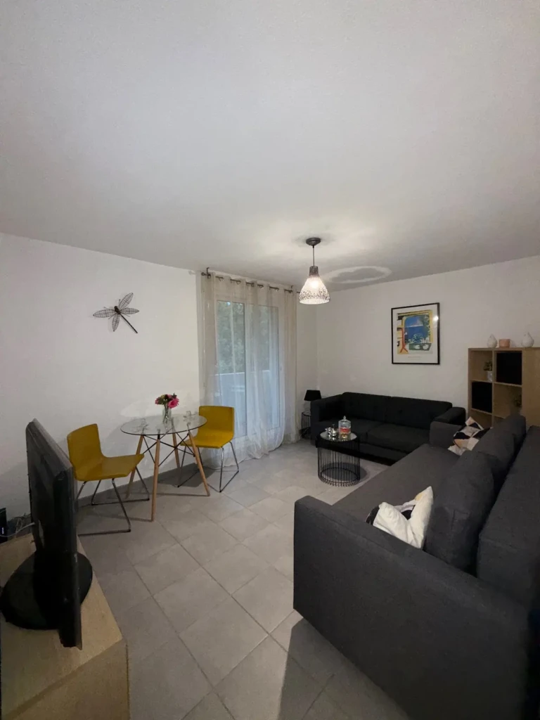 Salon lumineux et moderne d'un appartement T2 à Marseille, avec canapé et table à manger.