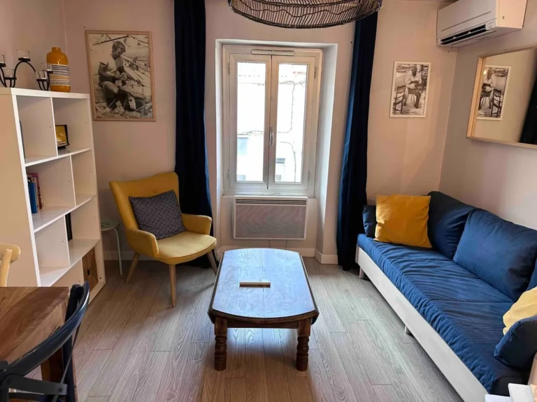 Intérieur d'un charmant T2 climatisé à Marseille, avec un espace salon lumineux et accueillant.