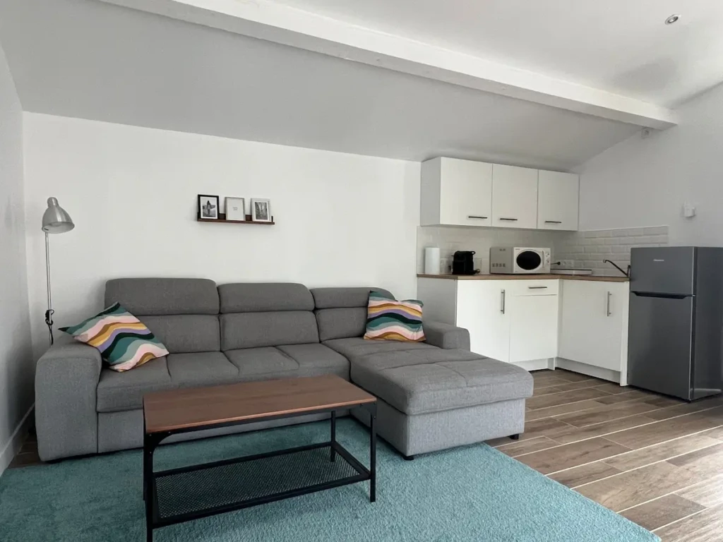 Intérieur d'un studio indépendant cosy à Marseille, avec un canapé gris et une cuisine équipée.