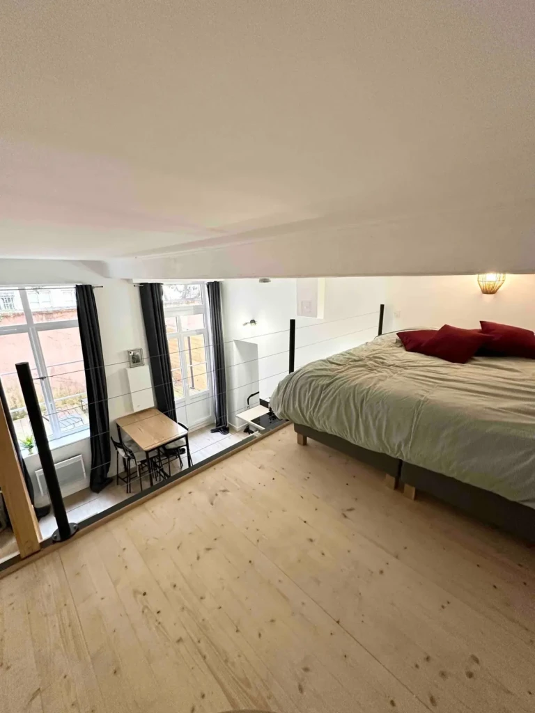 Chambre lumineuse avec literie confortable et espace de vie à Croix Rousse, Lyon.