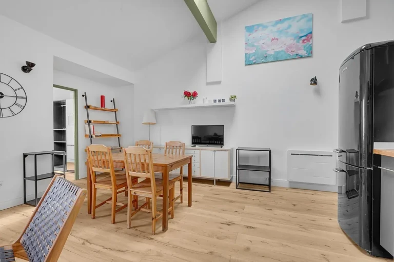 Intérieur d'un loft lumineux de 45m² à Toulouse, avec mobilier en bois et décoration moderne.